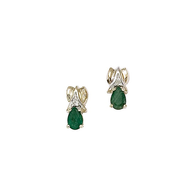 14K Yellow Gold Pear Emerald and Diamond Earrings