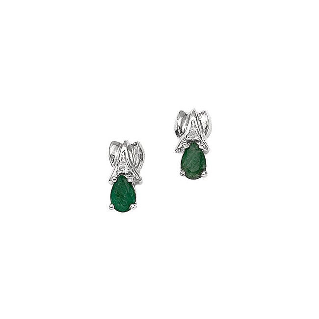 14K White Gold Pear Emerald and Diamond Earrings