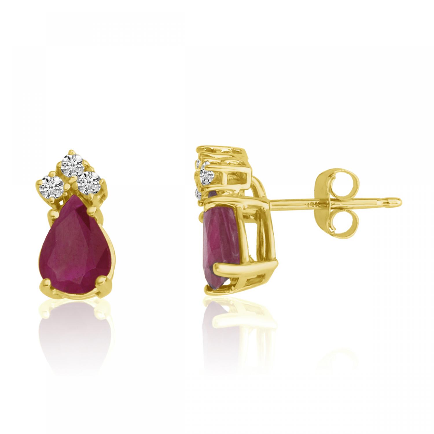 14K Yellow Gold Pear Ruby and Diamond Earrings