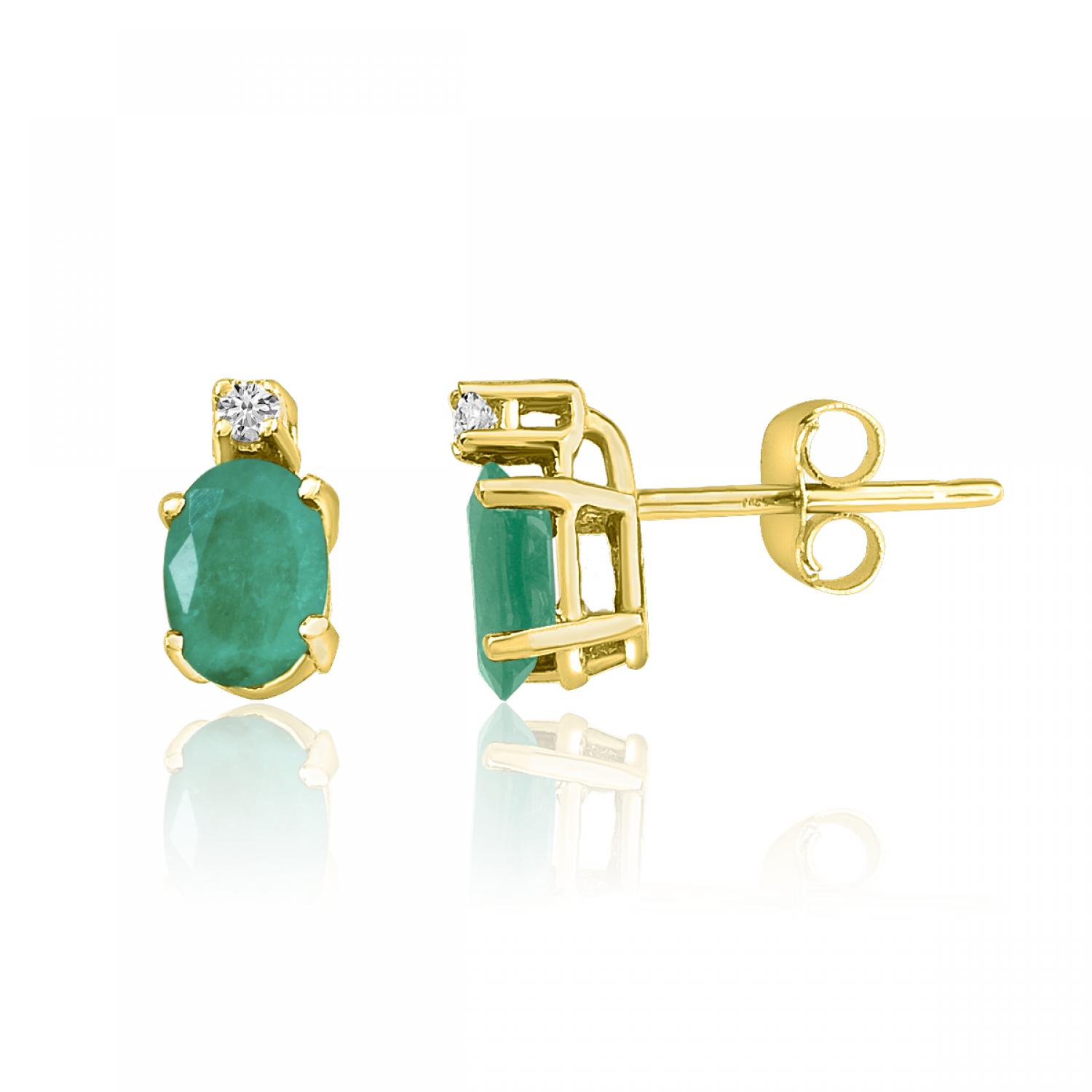 14K Yellow Gold Oval Emerald and Diamond Earrings