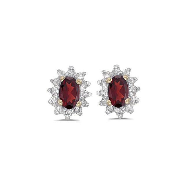 14k Yellow Gold Oval Garnet And Diamond Earrings