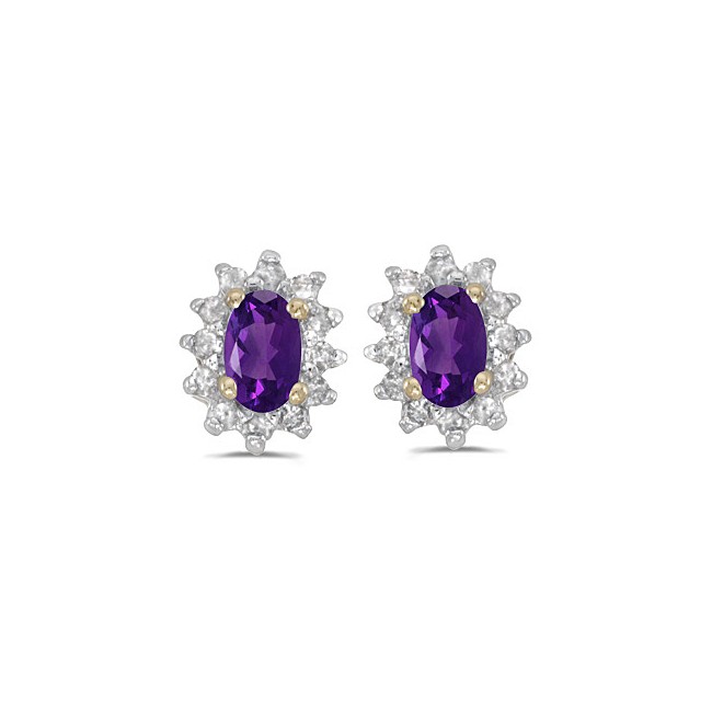 14k Yellow Gold Oval Amethyst And Diamond Earrings