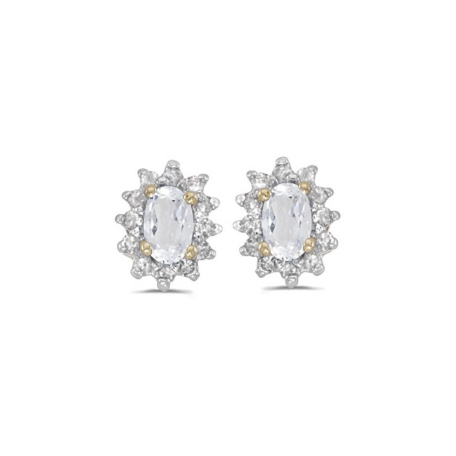 14k Yellow Gold Oval White Topaz And Diamond Earrings