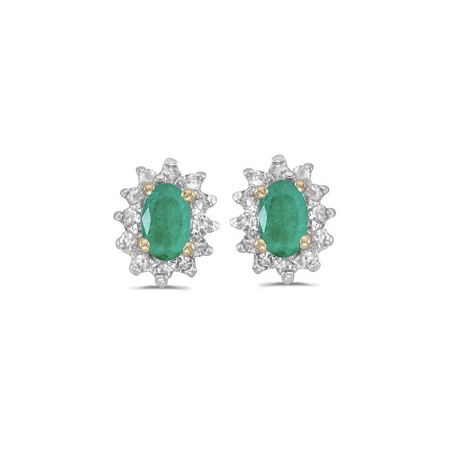 14k Yellow Gold Oval Emerald And Diamond Earrings