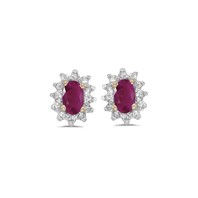 14k Yellow Gold Oval Ruby And Diamond Earrings