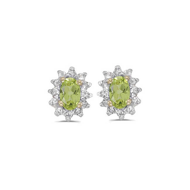 14k Yellow Gold Oval Peridot And Diamond Earrings