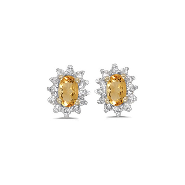 14k Yellow Gold Oval Citrine And Diamond Earrings