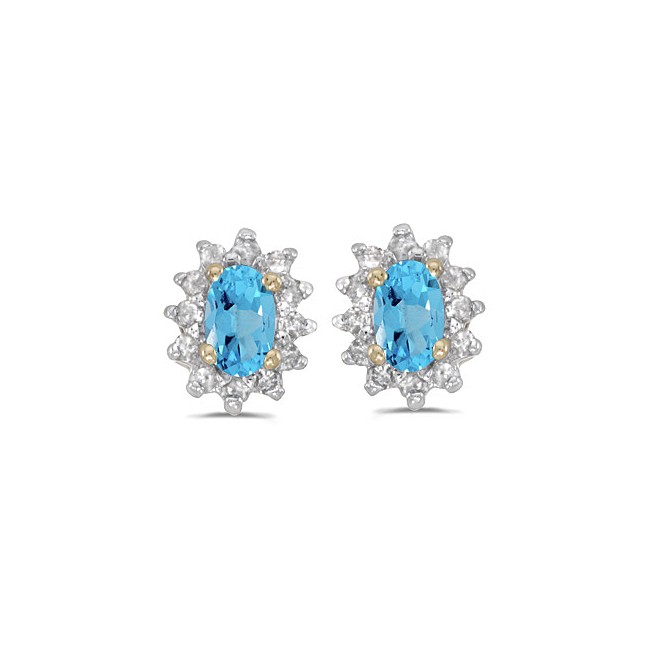 14k Yellow Gold Oval Blue Topaz And Diamond Earrings