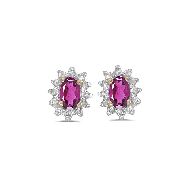 14k Yellow Gold Oval Pink Topaz And Diamond Earrings