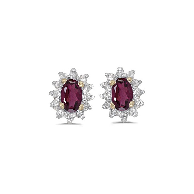 14k Yellow Gold Oval Rhodolite Garnet And Diamond Earrings