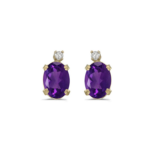 14k Yellow Gold Oval Amethyst And Diamond Earrings