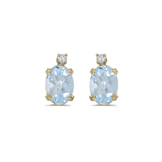 14k Yellow Gold Oval Aquamarine And Diamond Earrings