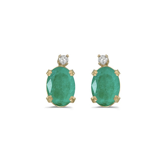 14k Yellow Gold Oval Emerald And Diamond Earrings