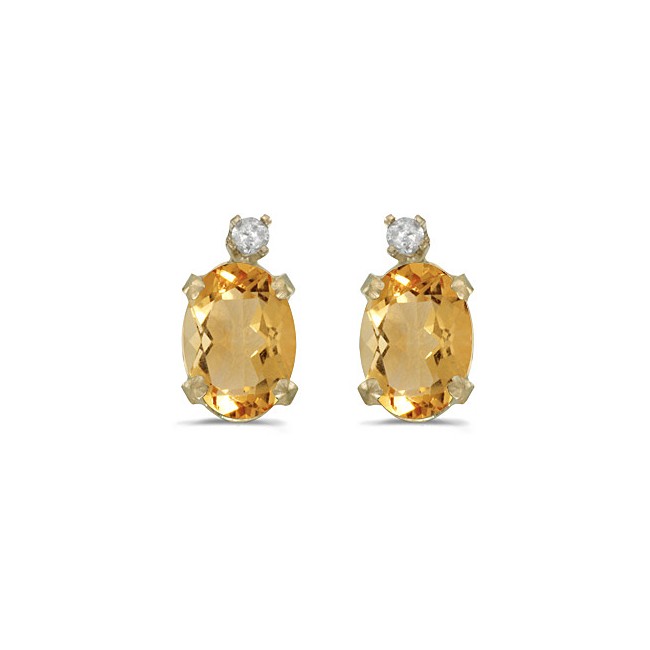 14k Yellow Gold Oval Citrine And Diamond Earrings