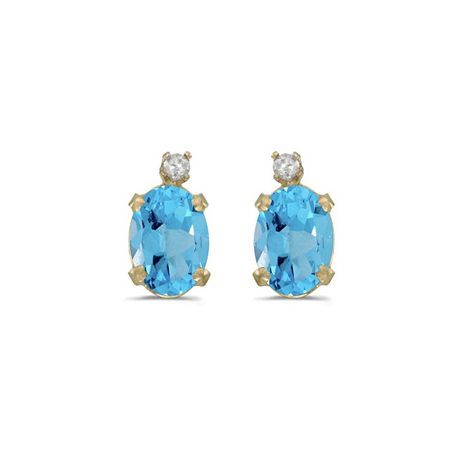 14k Yellow Gold Oval Blue Topaz And Diamond Earrings