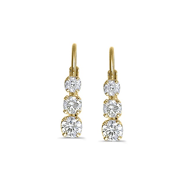 14k Yellow Gold 0.50 Ct Three Stone Lever-back Diamond Earrings