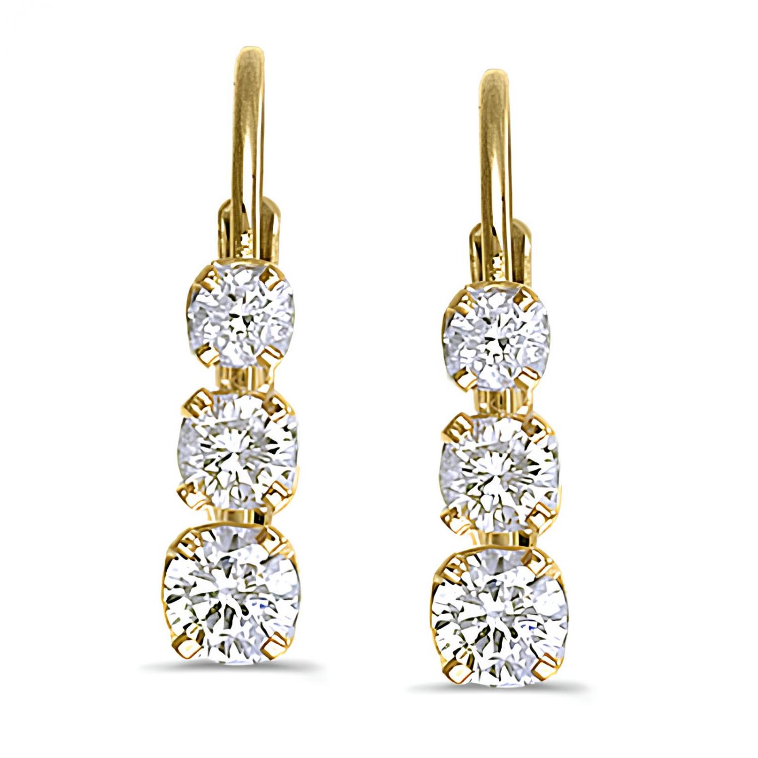 14k Yellow Gold 0.50 Ct Three Stone Lever-back Diamond Earrings