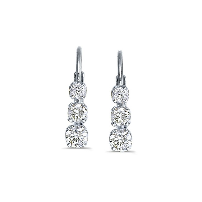 14k White Gold 0.50 Ct Three Stone Lever-back Diamond Earrings