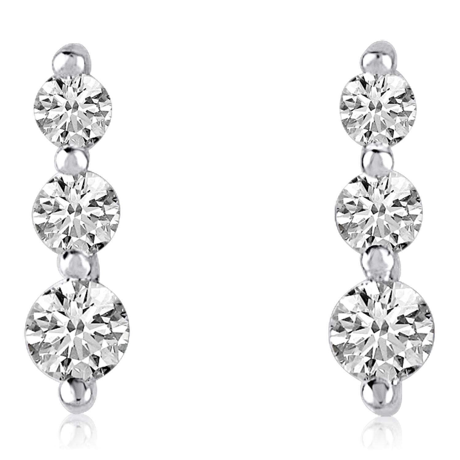 14K White Gold Graduated Three Stone 1 Ct Diamond Earrings