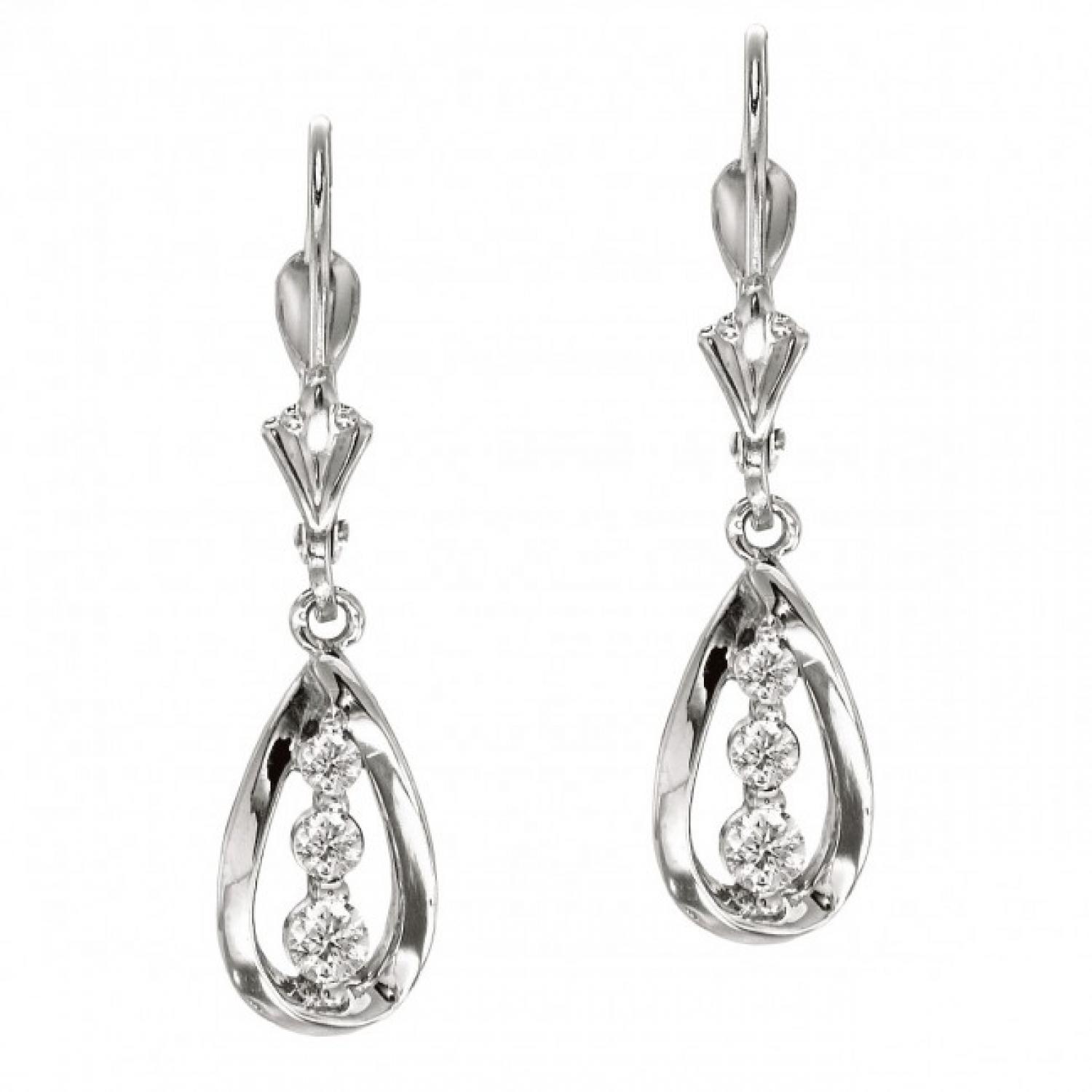 14k White Gold Diamond Three Stone Tear Drop Earring