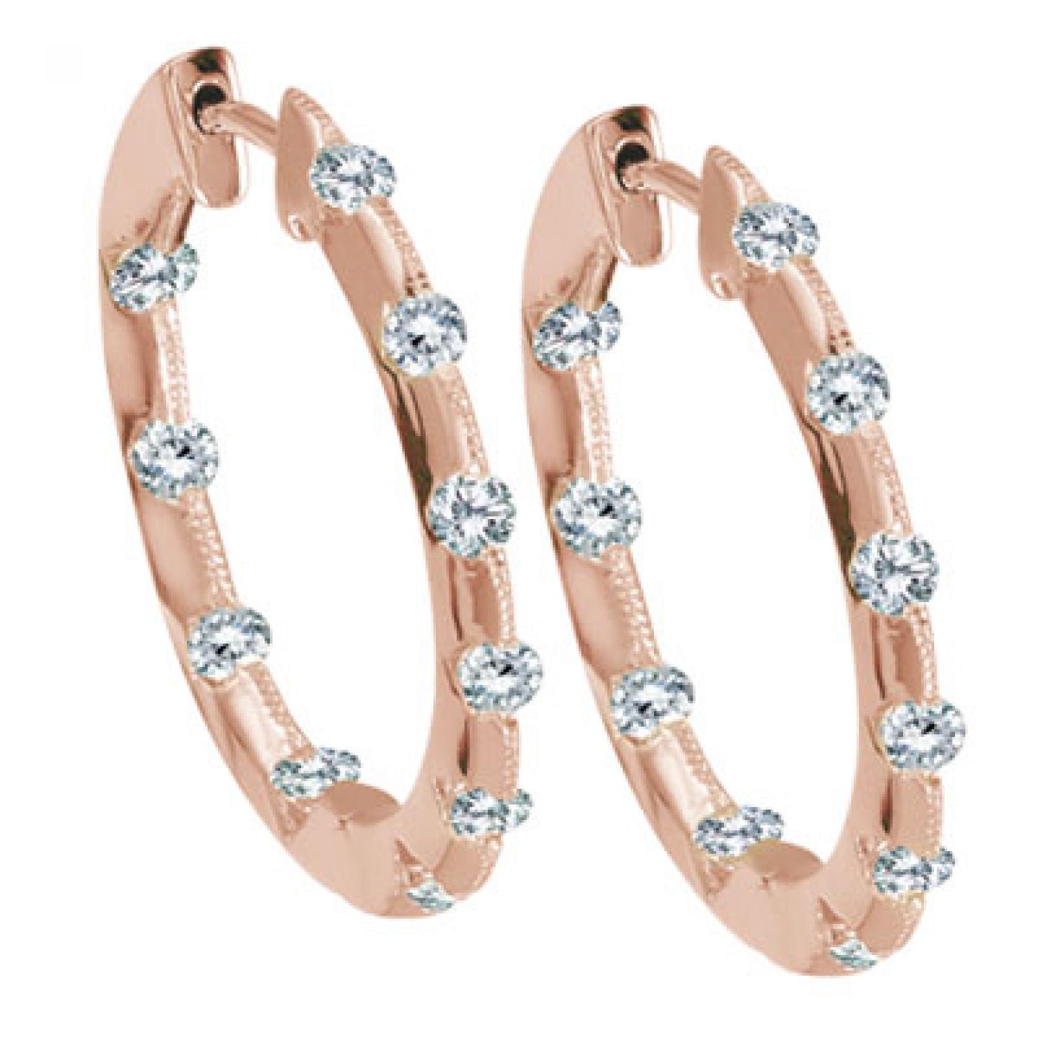 14K Rose Gold Inside Outside Hoop .50 Ct Diamond Earrings