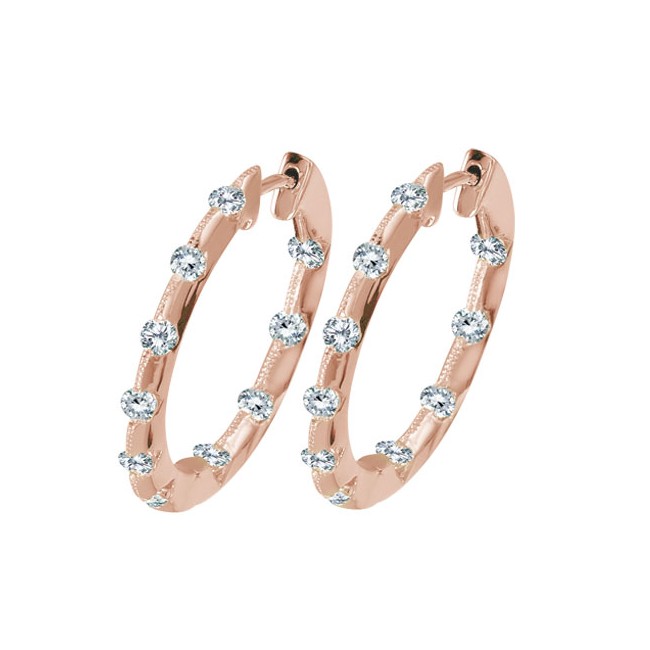 14K Rose Gold Inside Outside Hoop 1 Ct Diamond Earrings