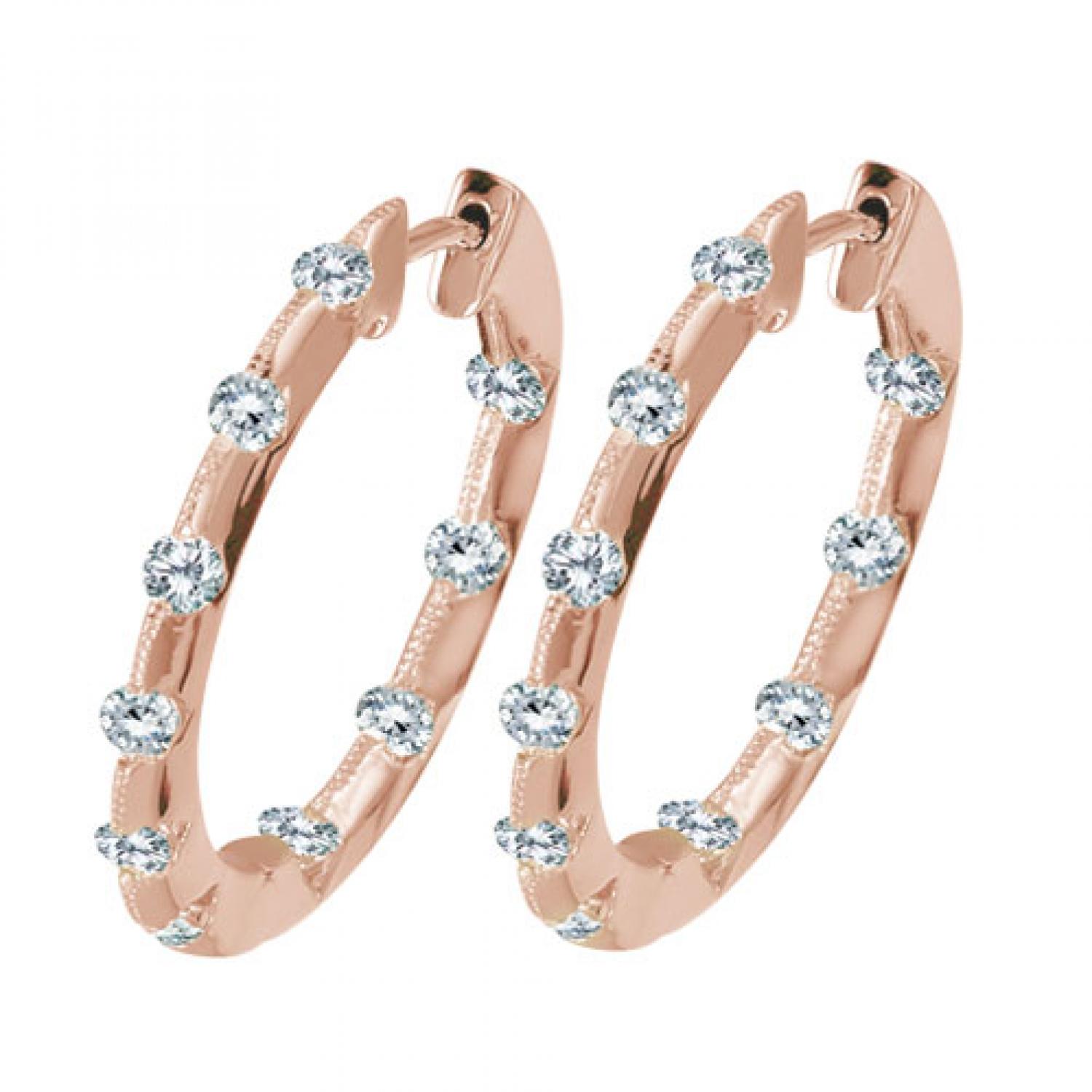 14K Rose Gold Inside Outside Hoop 1 Ct Diamond Earrings
