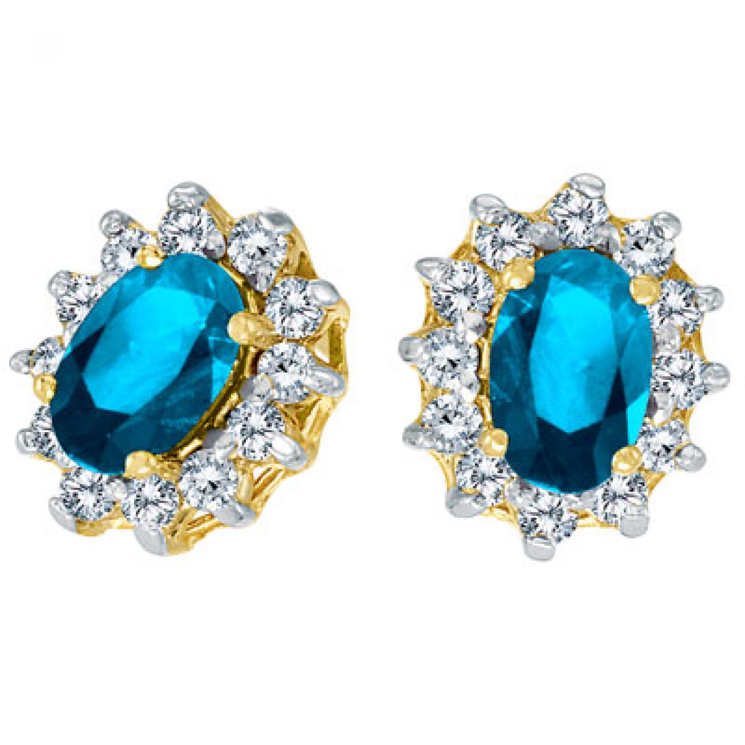 14K Yellow Gold Oval Blue Topaz and Diamond Earrings