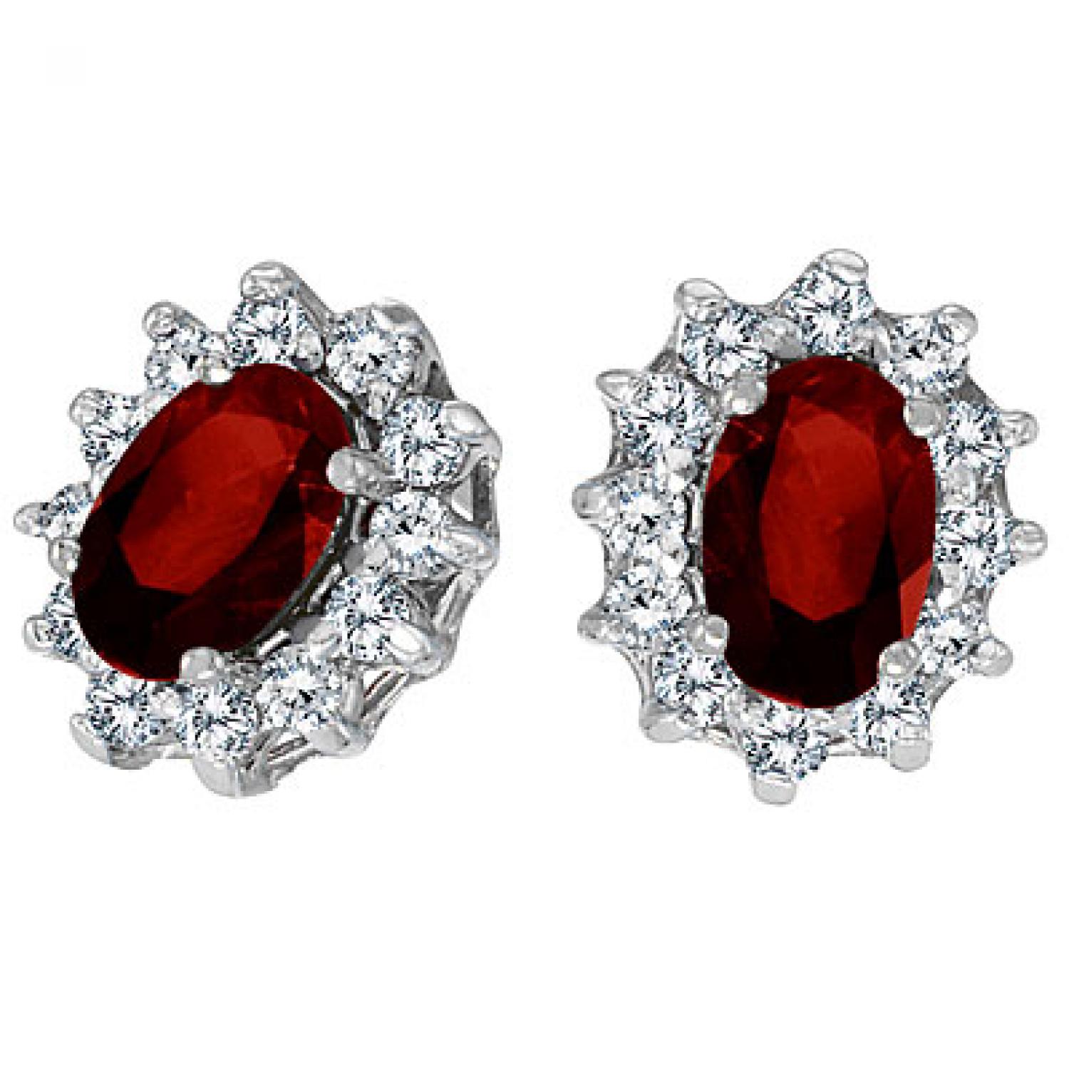 14K White Gold Oval Garnet and Diamond Earrings