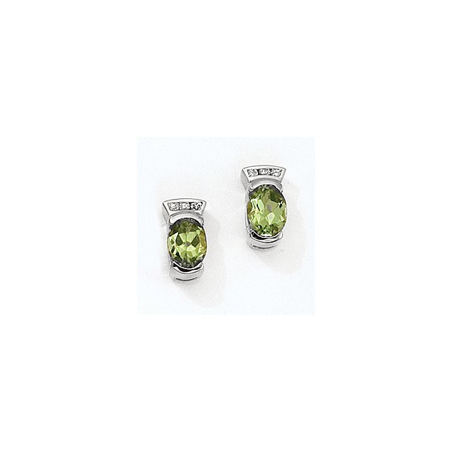 14K White Gold Oval Peridot and Diamond Earrings