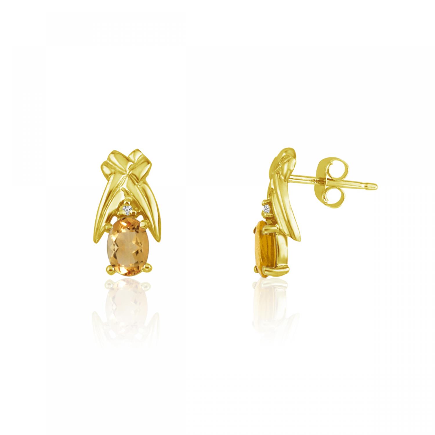 14K Yellow Gold Oval Citrine and Diamond Earrings