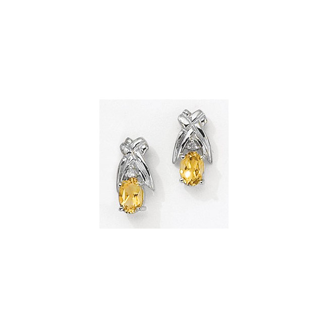 14K White Gold Oval Citrine and Diamond Earrings