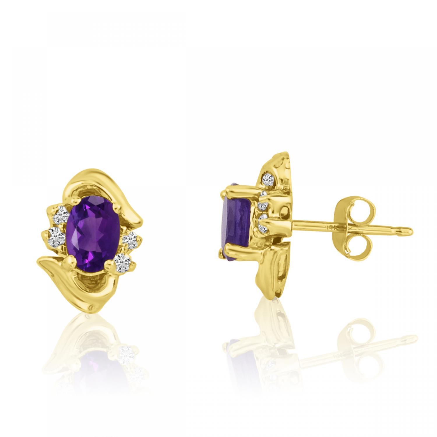 14K Yellow Gold Oval Amethyst and Diamond Earrings