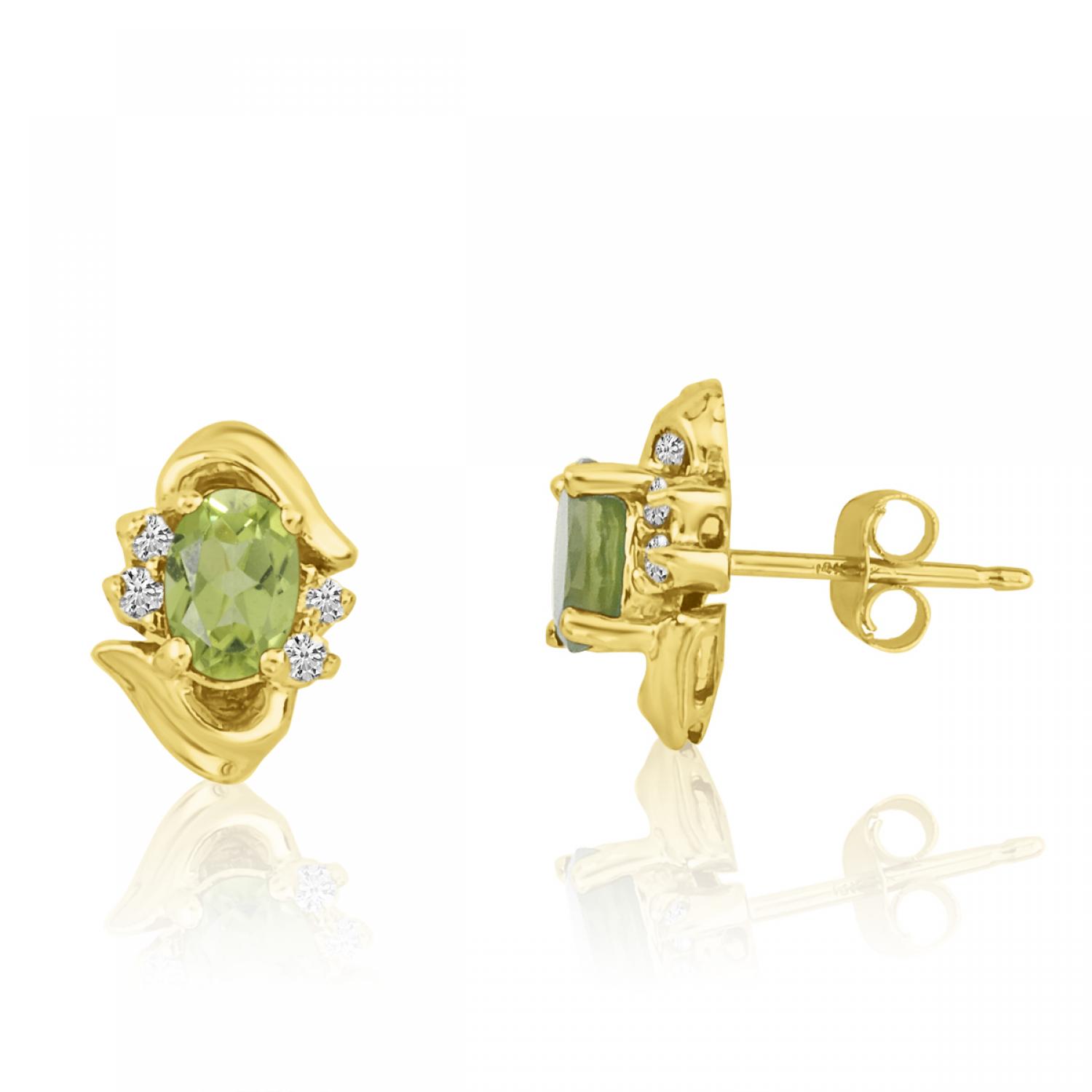 14K Yellow Gold Oval Peridot and Diamond Earrings