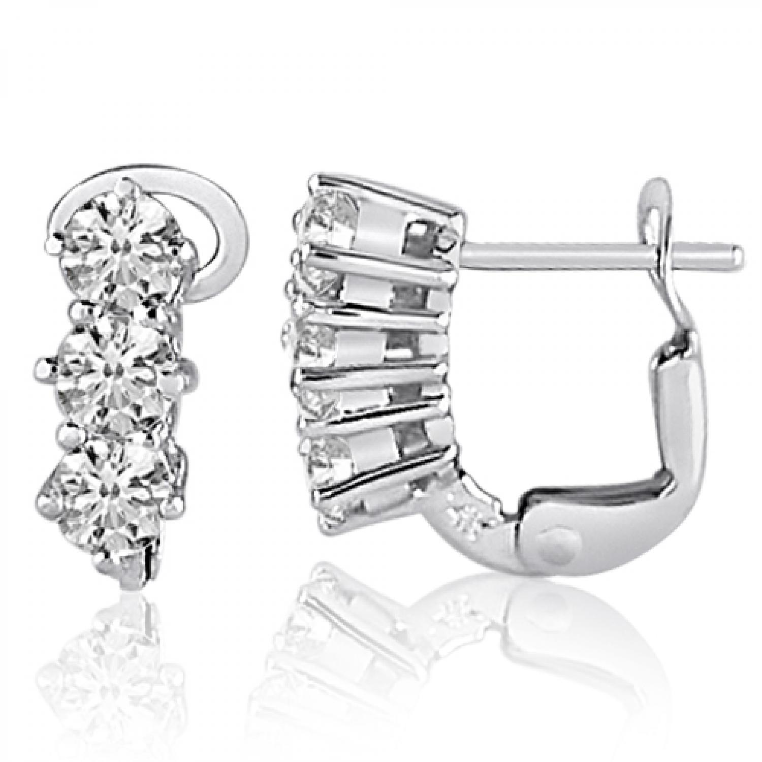 14K White Gold Three Stone 1 Ct Diamond Omega Earrings