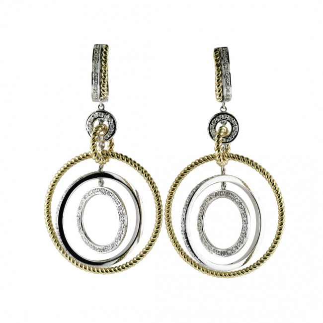 14K Two Tone White and Yellow Gold Multi Circle Diamond Dangle Fashion Earrings