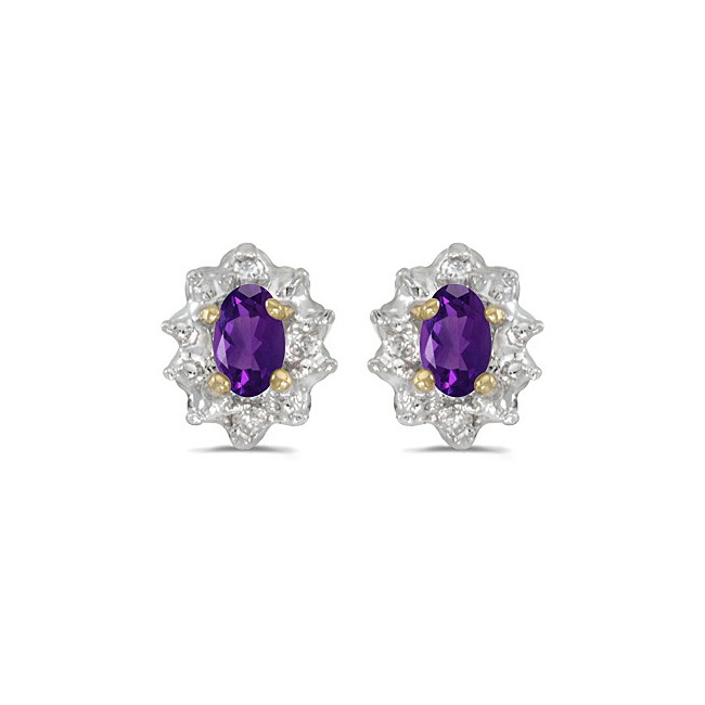 14k Yellow Gold Oval Amethyst And Diamond Earrings