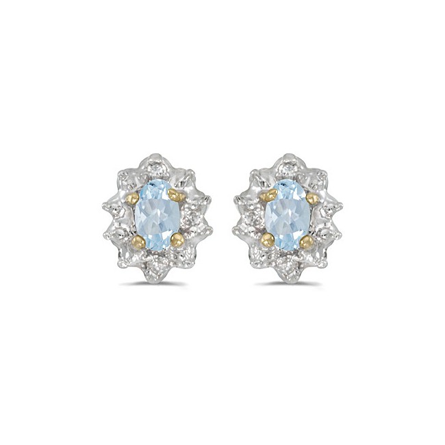 14k Yellow Gold Oval Aquamarine And Diamond Earrings