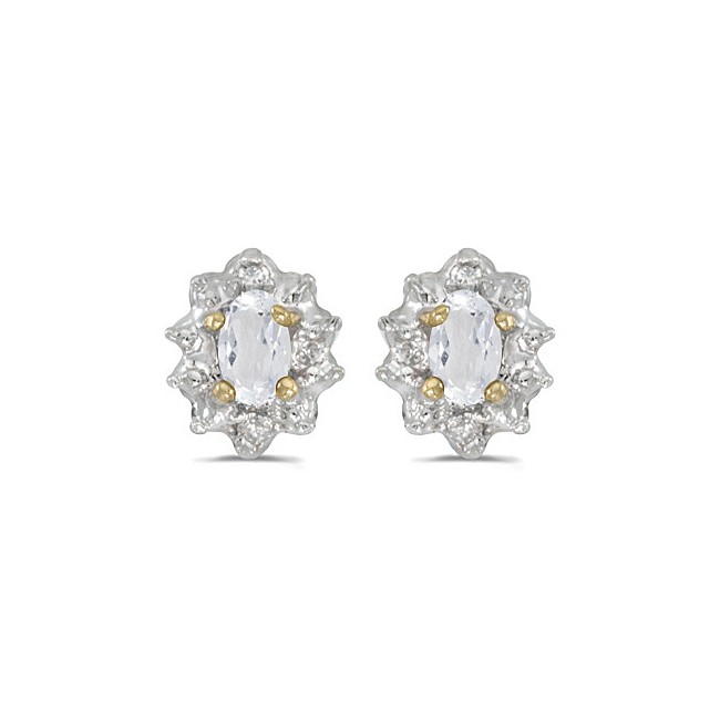 14k Yellow Gold Oval White Topaz And Diamond Earrings