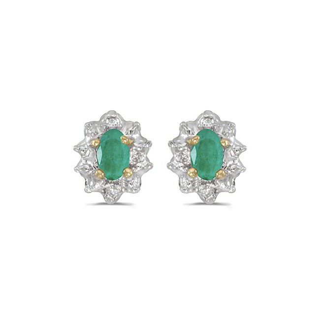 14k Yellow Gold Oval Emerald And Diamond Earrings