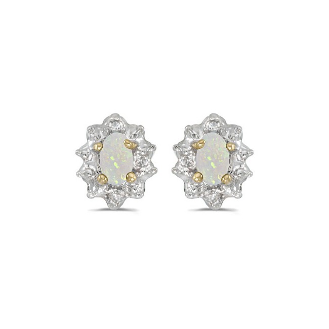 14k Yellow Gold Oval Opal And Diamond Earrings