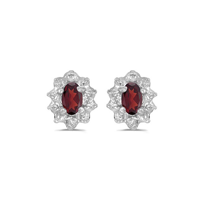 14k White Gold Oval Garnet And Diamond Earrings