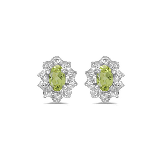 14k White Gold Oval Peridot And Diamond Earrings