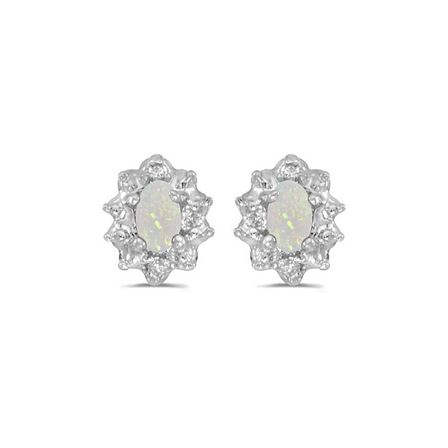 14k White Gold Oval Opal And Diamond Earrings