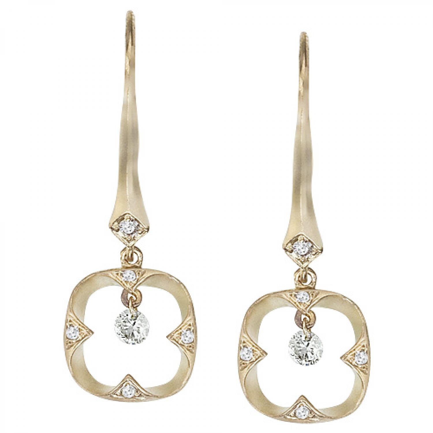 14K Yellow Gold .26 Ct Hammered Dashing Diamonds Leverback Dangling Earrings