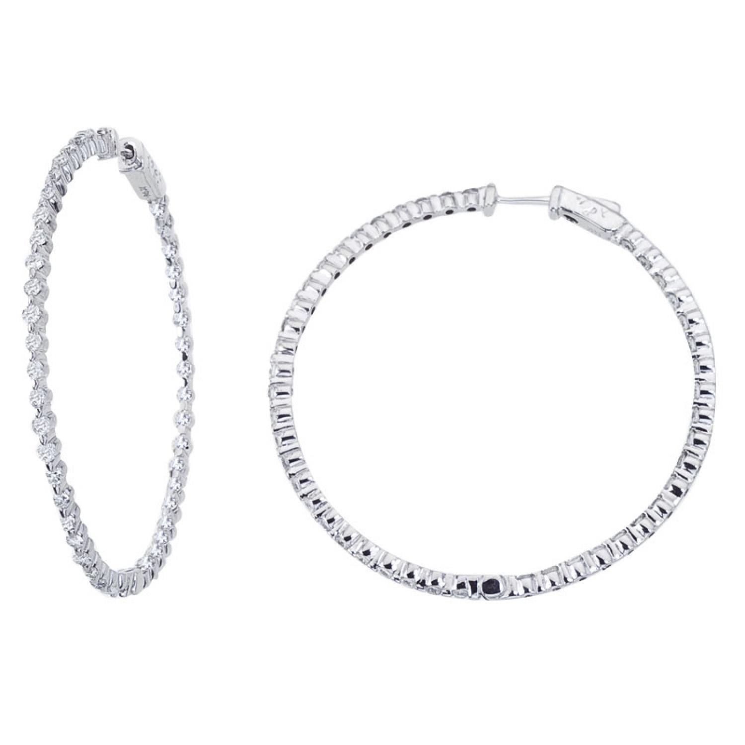 14K White Gold 2.7 Ct Diamond 50mm Round Secure Lock Hoop Earrings