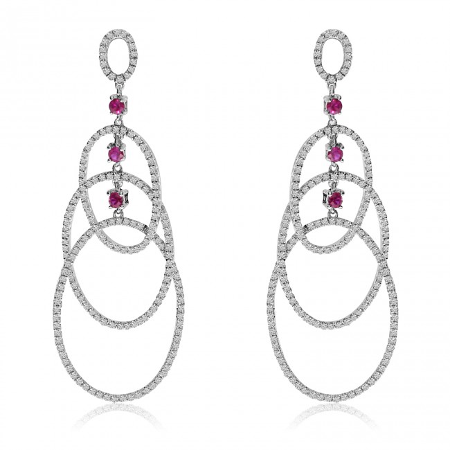 14K White Gold Ruby and Diamond Triple Oval Dangle Fashion Earrings