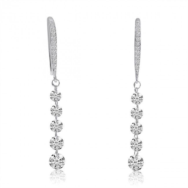 14K White Gold J Hook Dangling 5 Stone Round Dashing Diamond Fashion Earrings
