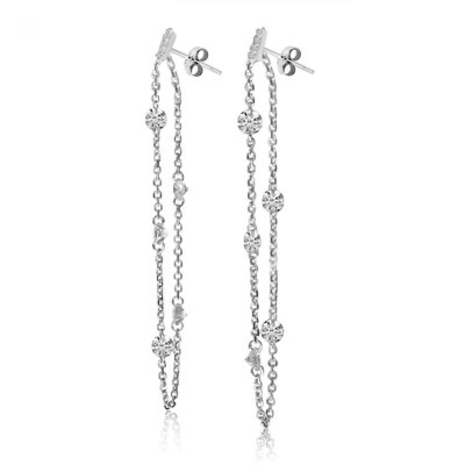14K White Gold Pierced Diamond Chain Dangling Post Earrings