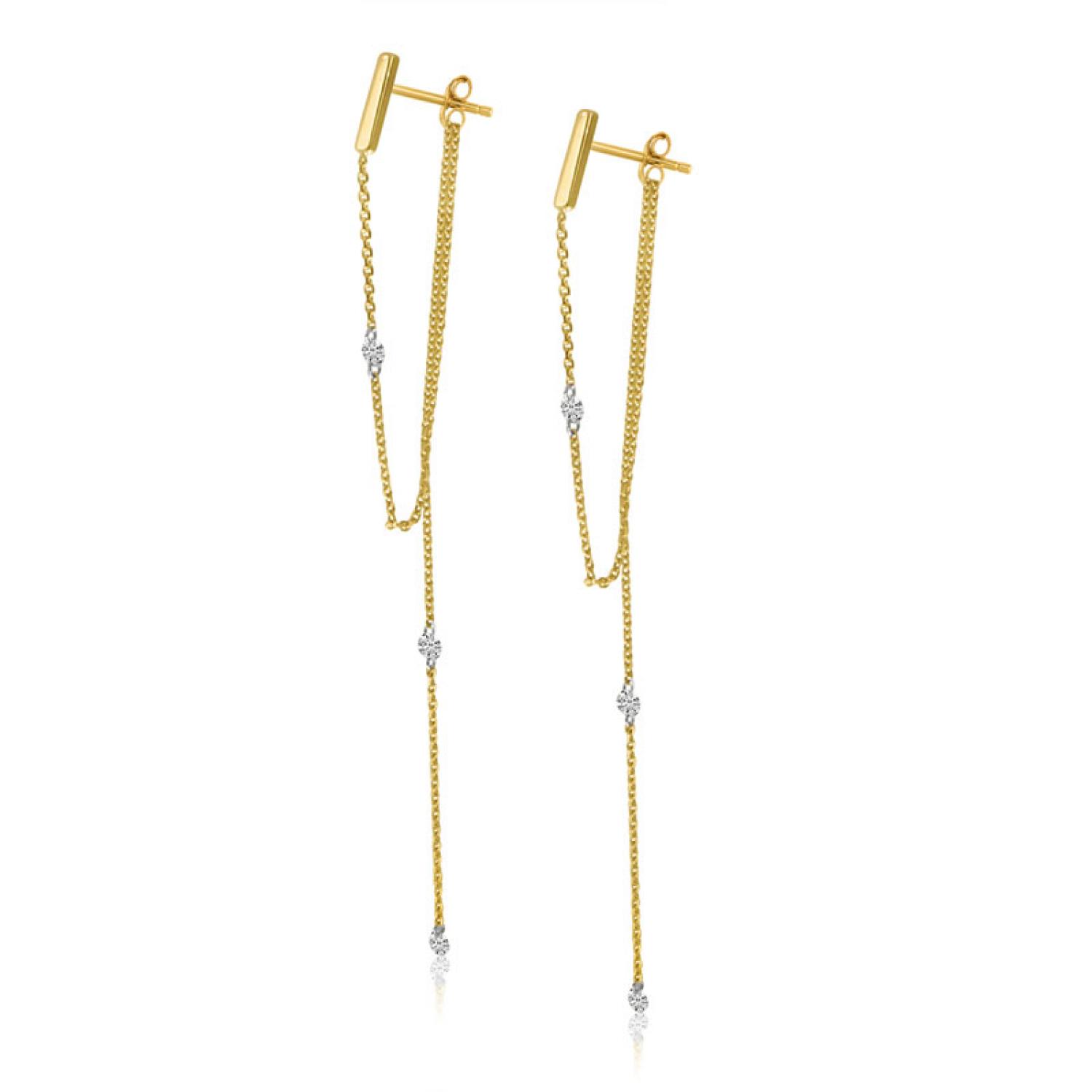 14K Yellow Gold Pierced Diamond Chain Dangling Post Earrings